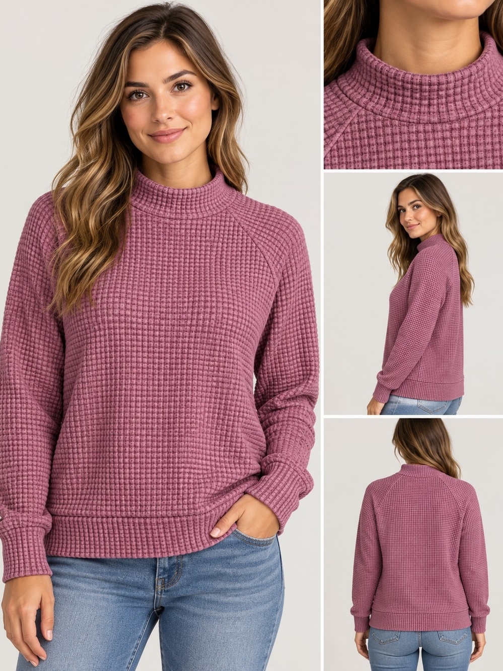 North Face Cozy Mock Neck Waffle Knit Shirt - Mauve Pink